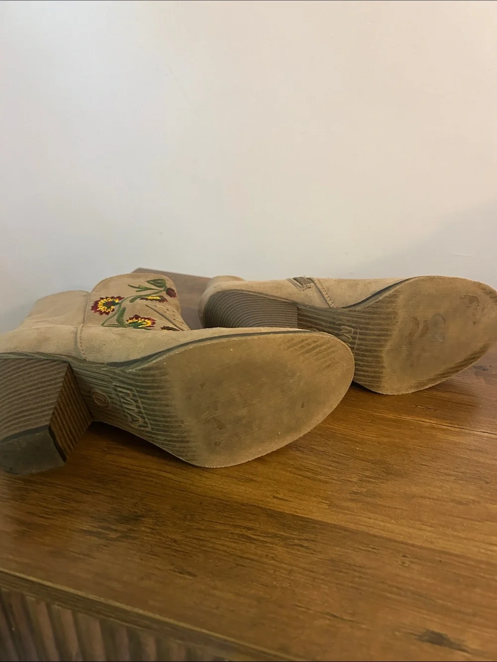 MIA Tan Suede Ankle Boots with Multicolor Floral Embroidery
